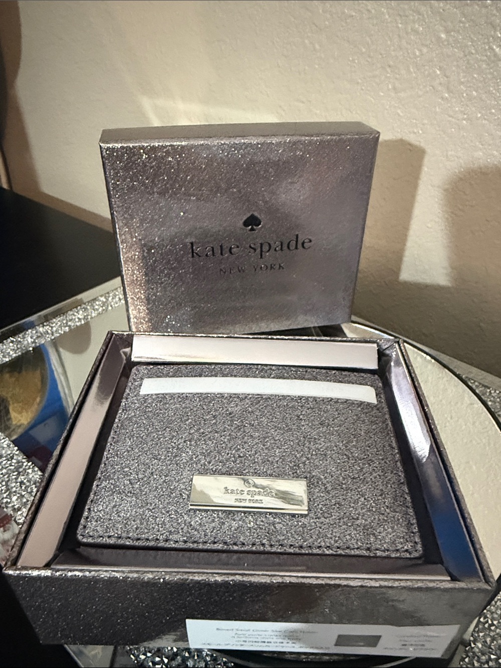 kate spade glitter card wallet in silver